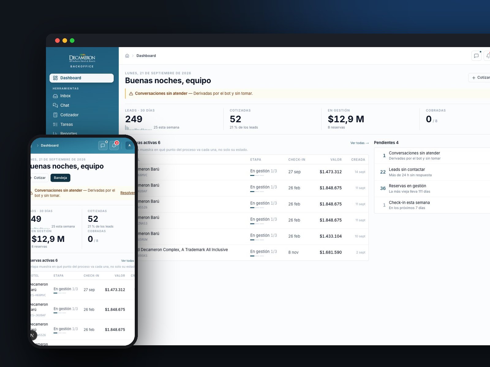 Backoffice de operación: CRM, bandeja omnicanal, tarifas, cupos, finanzas y marketing