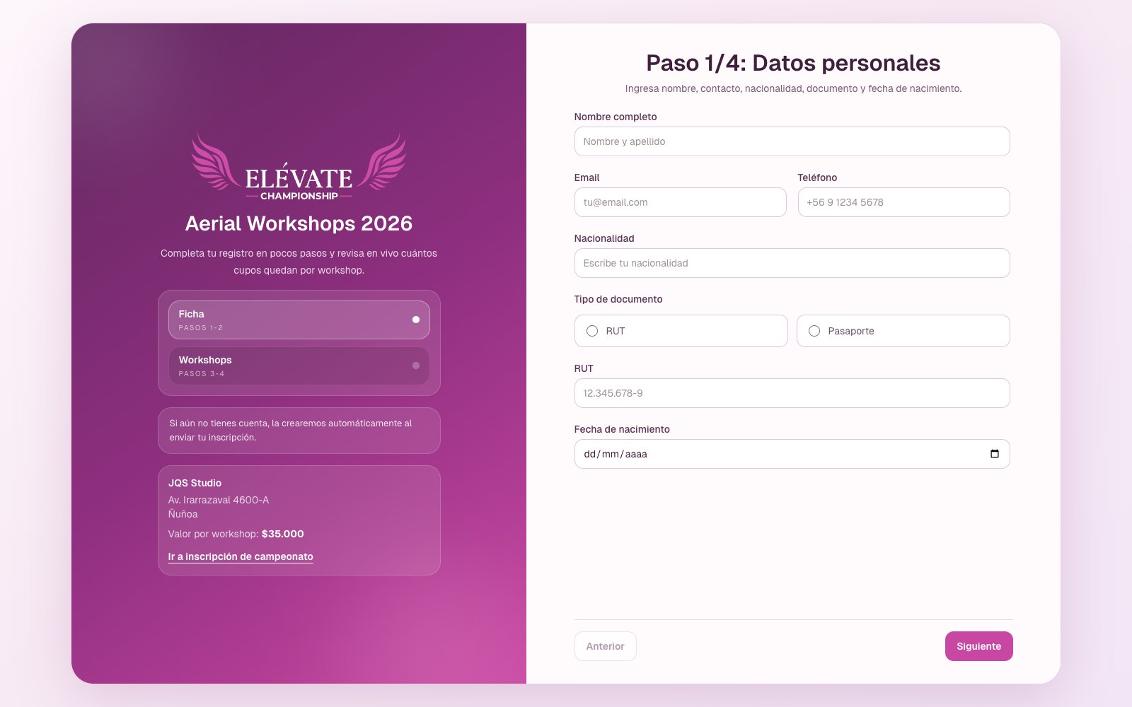 Inscripción a workshops por pasos